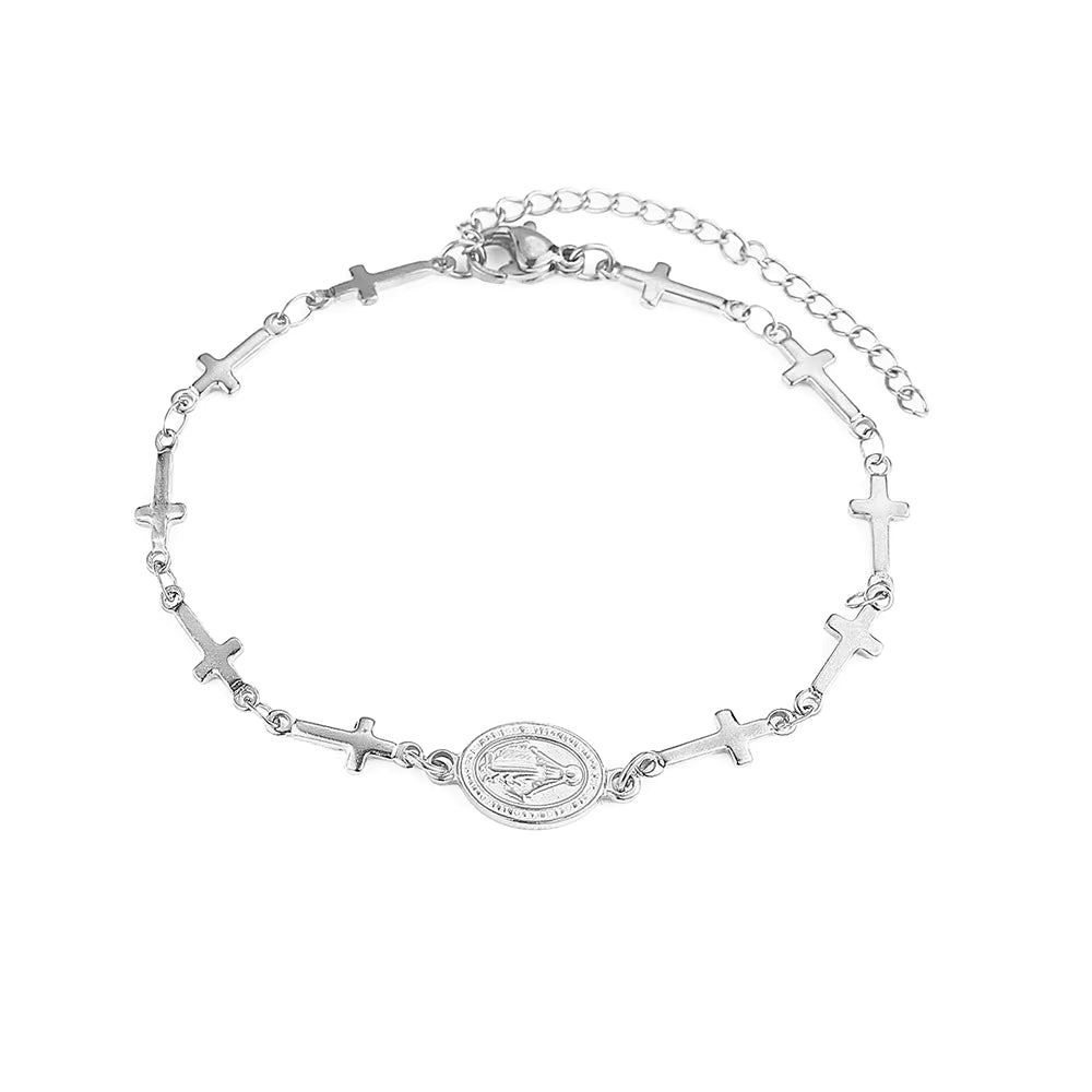 Pulseira Pingente Cruz e Virgem Maria prata