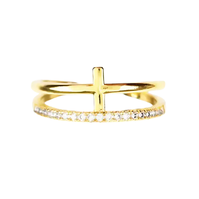 Anel de Cruz Cravejado Feminino - Ouro