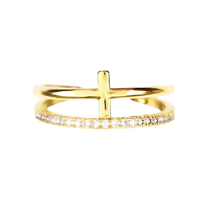 Anel de Cruz Cravejado Feminino - Ouro