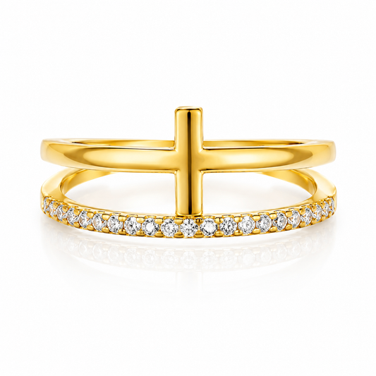 Anel de Cruz Cravejado Feminino - Ouro