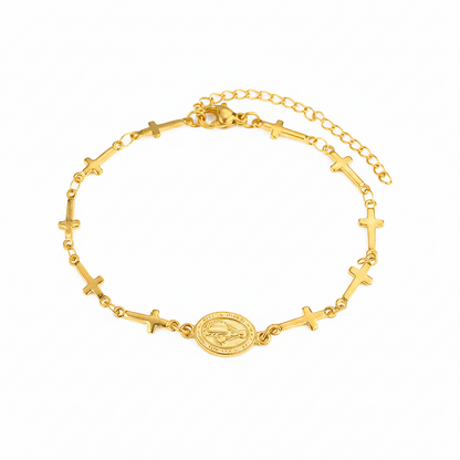 Pulseira Pingente Cruz e Virgem Maria