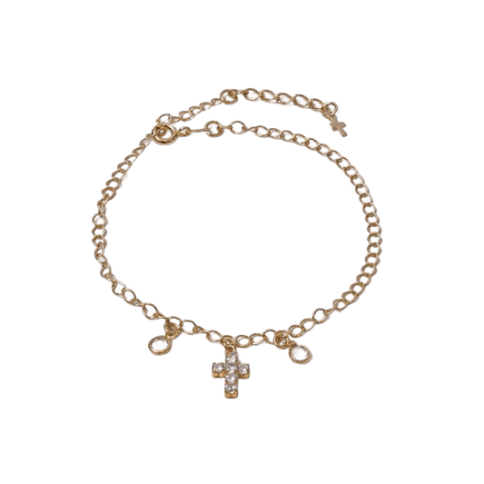 Tornozeleira de Cruz Cravejada - Em Ouro